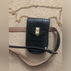 Black faux crocodile chain crossbody waist bag 
 w/ removable belt